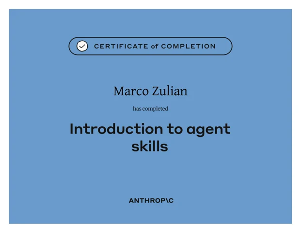 Introduzione alle competenze degli agenti AI, attestato intestato a Marco Zulian