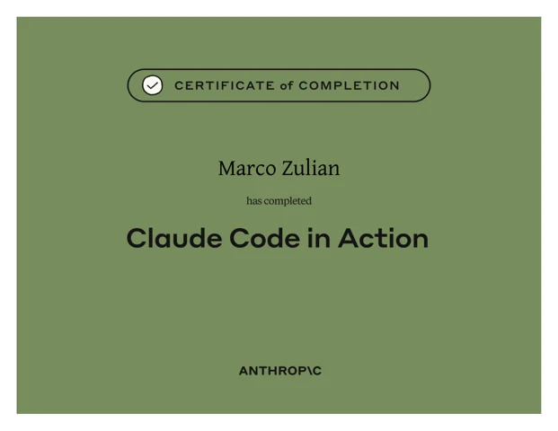 Sviluppo pratico con Claude Code, attestato intestato a Marco Zulian
