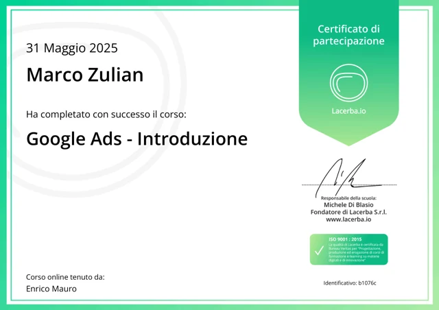 Google Ads — Introduzione, attestato intestato a Marco Zulian