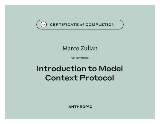 Introduzione al protocollo di contesto dei modelli, attestato intestato a Marco Zulian