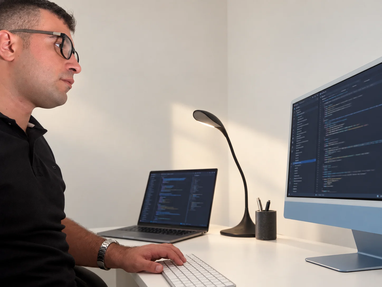 Marco Zulian al lavoro alla sua postazione, con computer e lampada